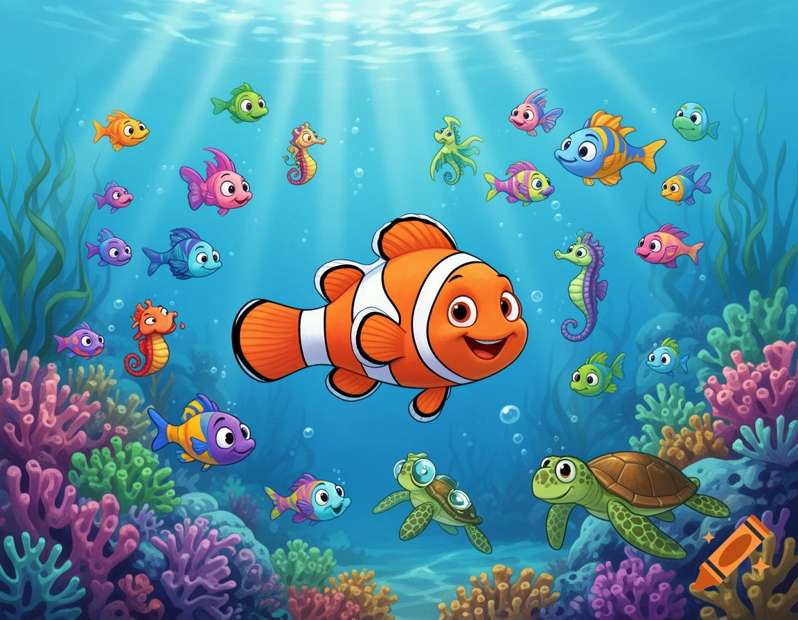 Cartoon clownfish and various other colorful fish, seahorses, and sea turtles swim among vibrant coral in a sunny underwater scene.