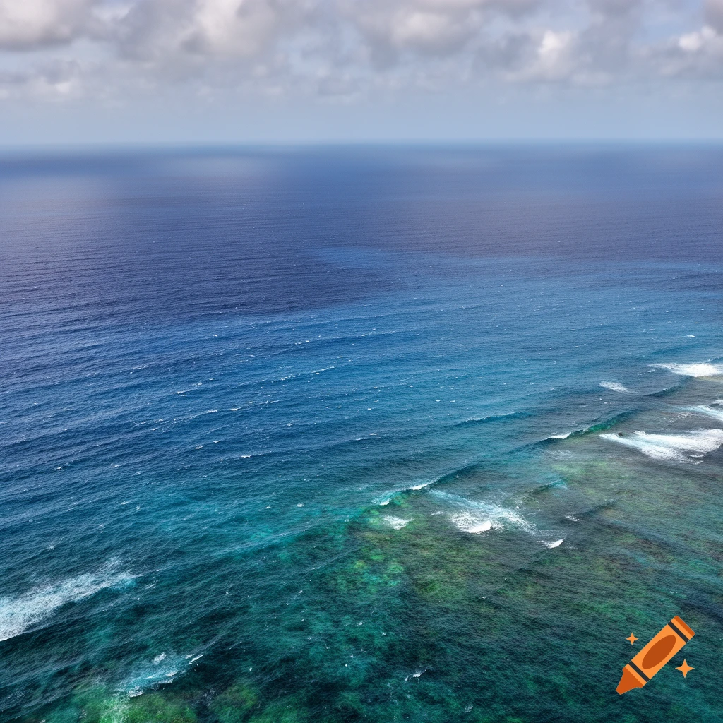 Aerial view of the ocean showing deep blue merging into turquoise water ...
