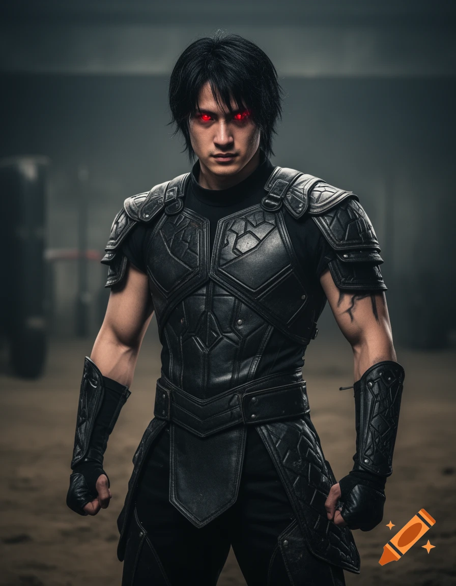 A young man with black hair and glowing red eyes wears dark, futuristic ...