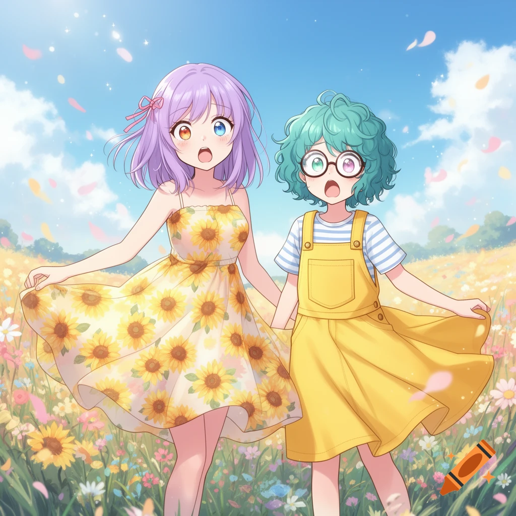Two anime girls with colorful hair, one in a sunflower dress and the other in yellow overalls, hold hands in a field of flowers under a sunny sky.