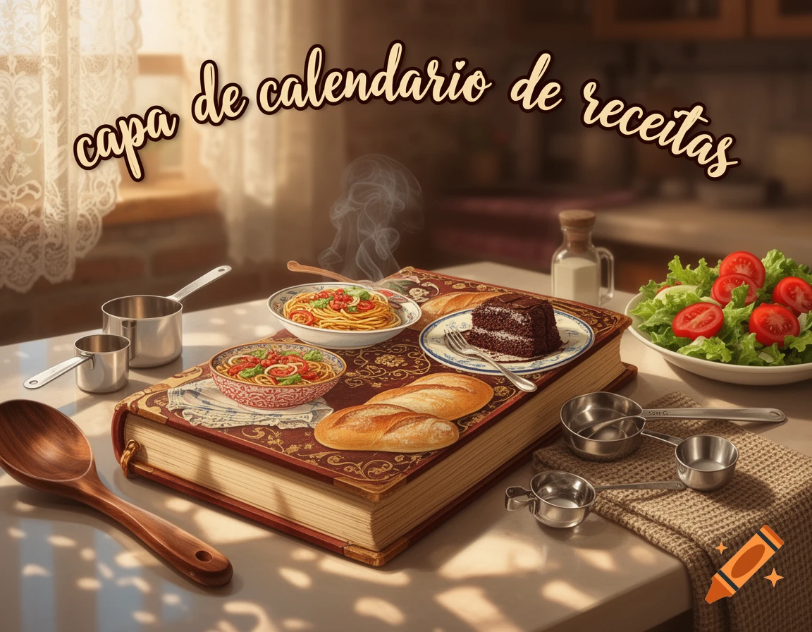 A still life of a recipe calendar cover featuring spaghetti, chocolate cake, bread, and salad on a table with cooking utensils.