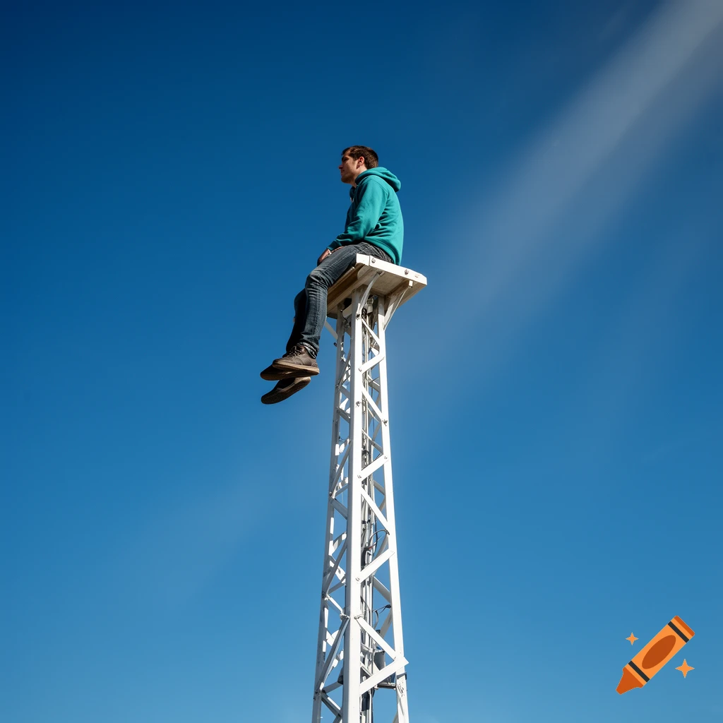 A man in a teal hoodie and jeans sits atop a tall white lattice tower, looking out at the vast, clear blue sky.