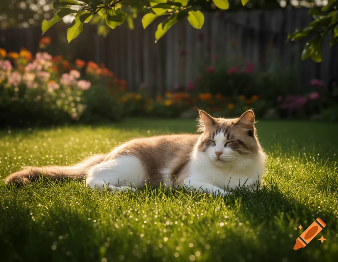A fluffy white and brown cat lies in sunny green grass with eyes closed ...