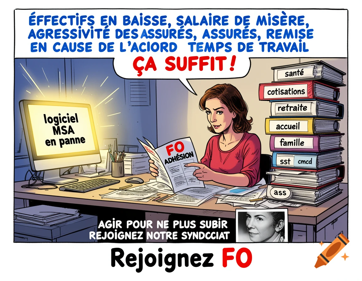 Comic style illustration of a woman at a desk reading a union leaflet, with a computer showing "software MSA down" and stacks of labeled files. Overhead text describes work grievances, with a call to action to join the FO union.