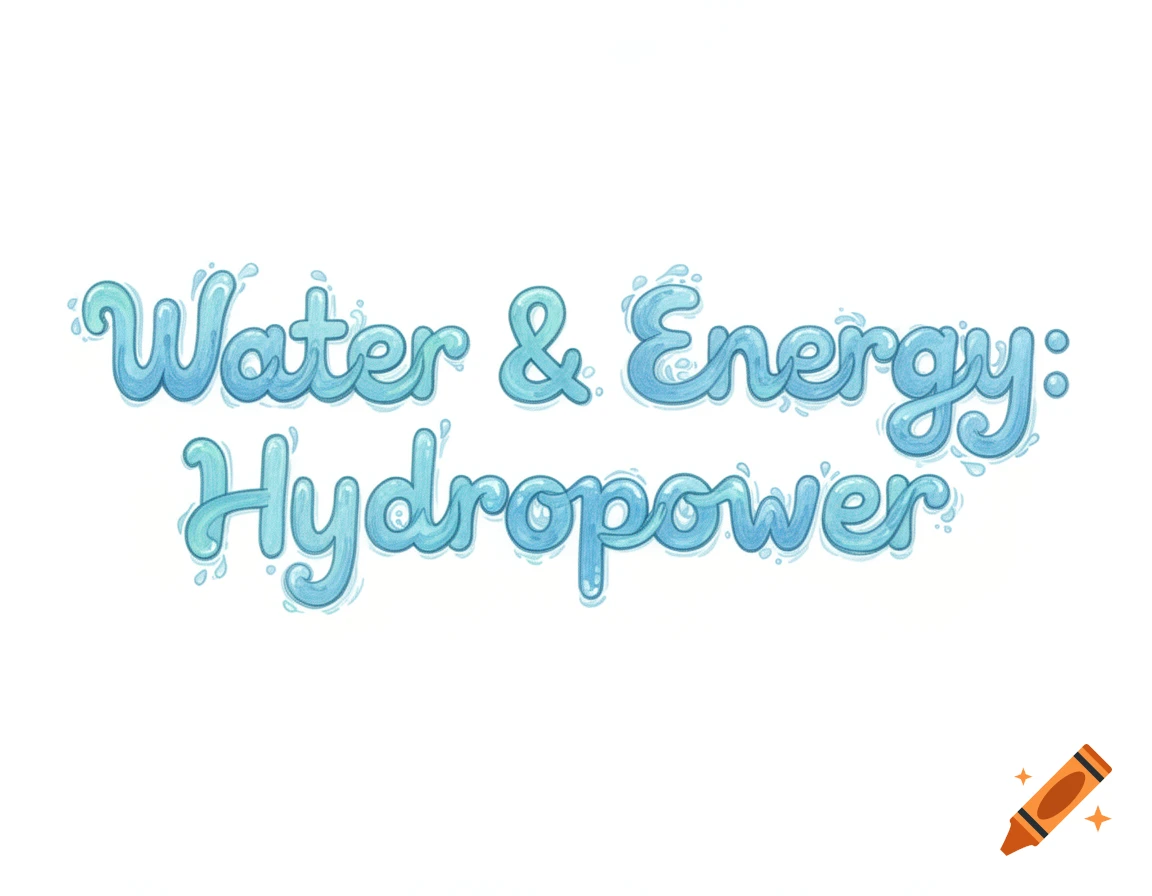 Hand-drawn title "Water & Energy: Hydropower" in wavy blue letters with water drops and splashes on a white background.