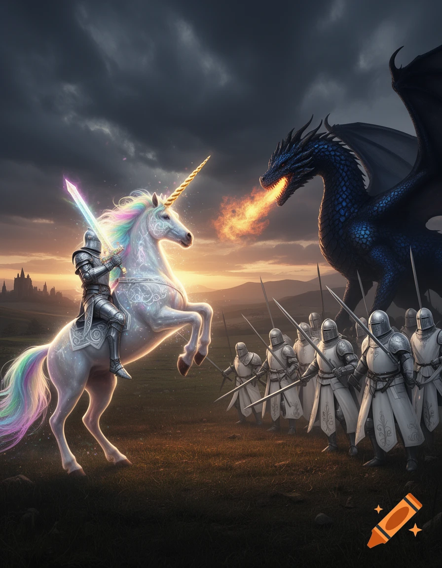 A knight on a rearing, glowing unicorn with a rainbow mane confronts a fire-breathing black dragon, backed by white knights, at sunset.
