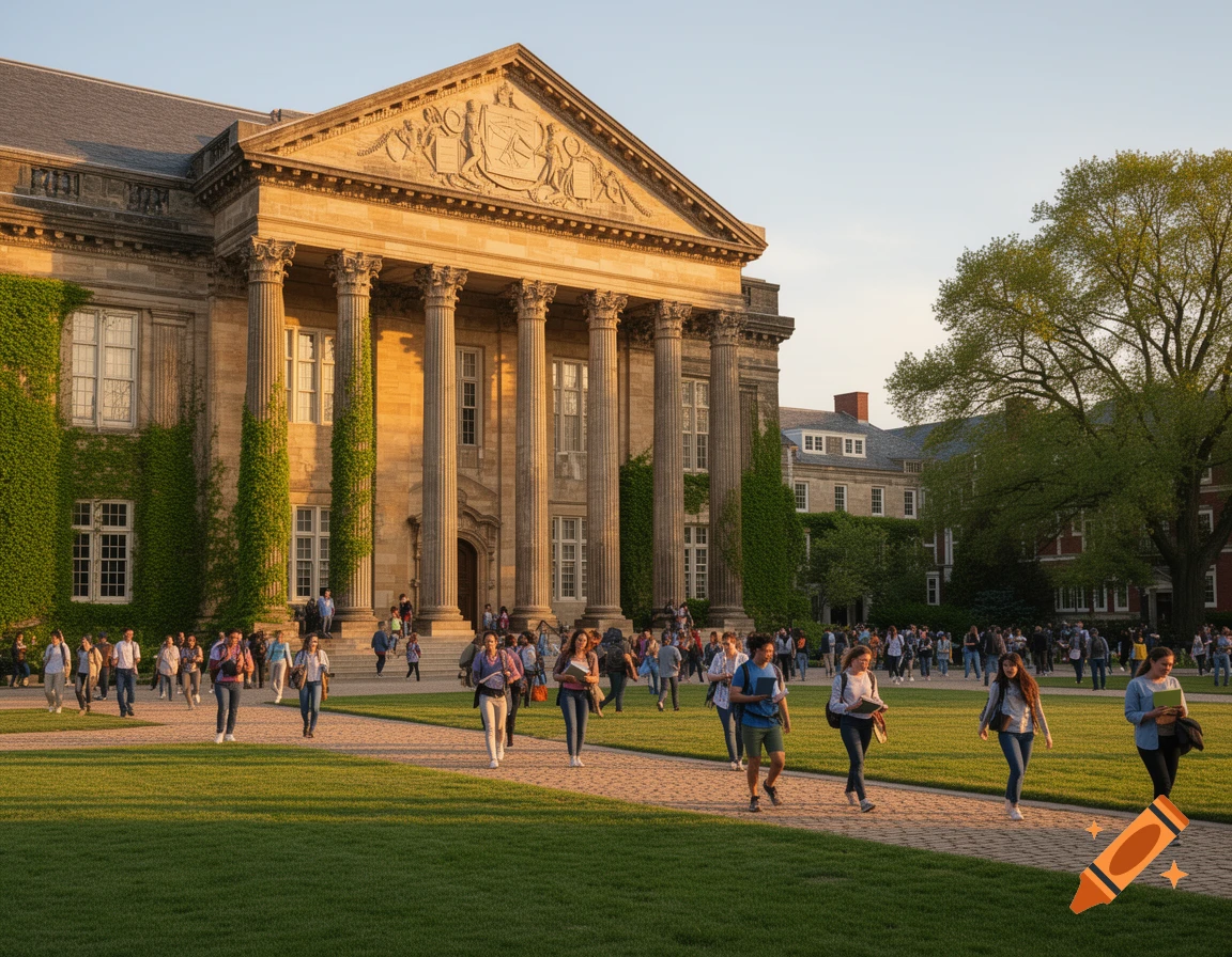 A large, classical academic building with columns and ivy, surrounded by students walking on green lawns at sunset.