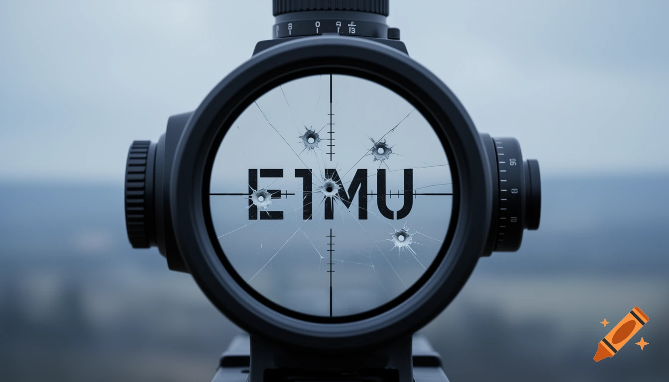 Close-up view through a sniper scope with bullet holes and the word E1MU visible, against a blurry outdoor background.