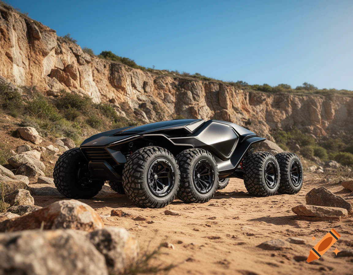 A sleek, black, futuristic 8-wheeled off-road vehicle with large knobby tires is parked on a sandy, rocky terrain under a clear blue sky, with cliff faces in the background.