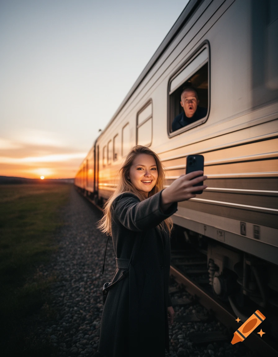 A young woman takes a selfie on train tracks at sunset, with a man with a scared expression looking out of a train window.
