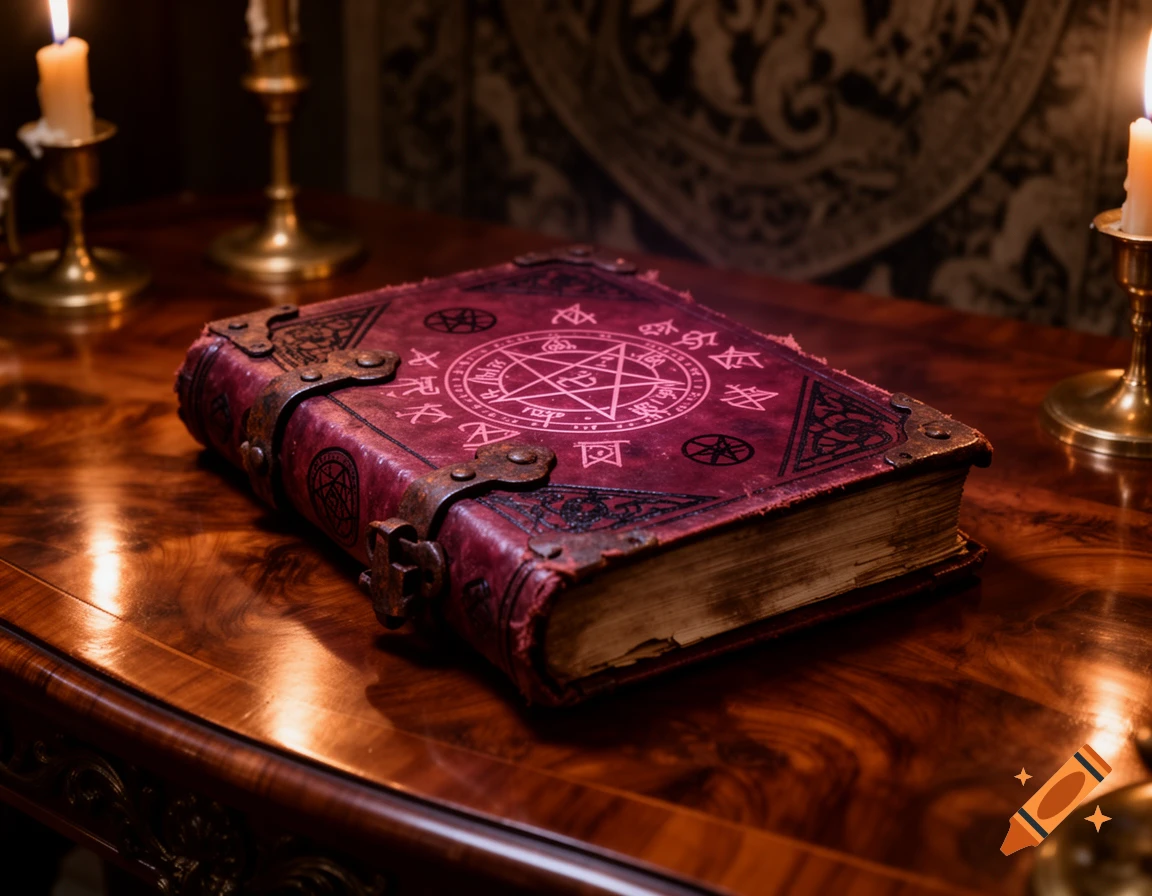 An ornate, ancient-looking red magic book with mystical symbols and metal clasps rests on a polished wooden table, illuminated by candlelight.