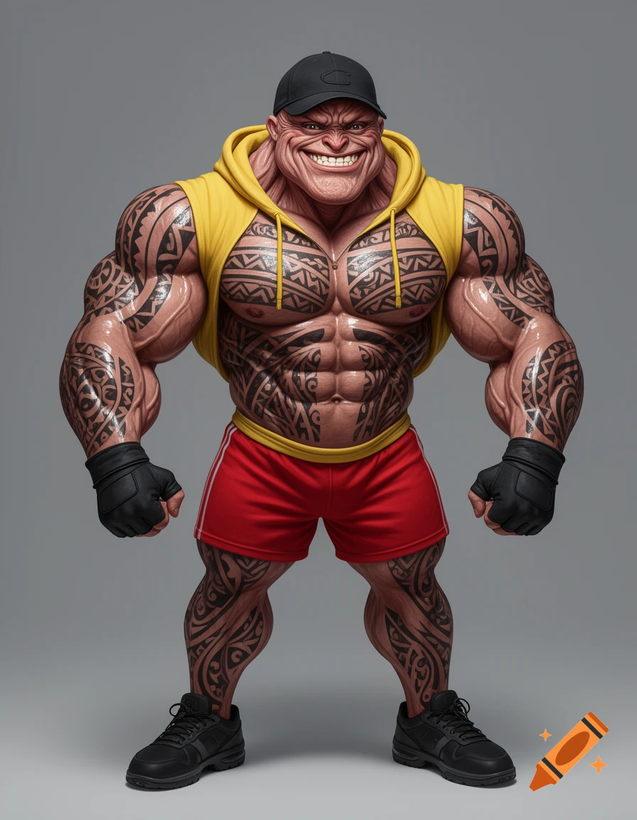 A highly muscular, tattooed male bodybuilder with an exaggerated grin, wearing a yellow sleeveless hoodie, red shorts, and a black cap.