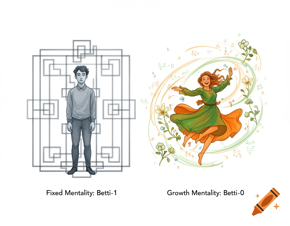 A conceptual illustration contrasts a fixed mentality and growth mentality. A rigid man stands amidst gray geometric lines. A joyful woman dances amidst colorful swirling lines, flowers, and mathematical symbols. Text below reads "Fixed Mentality: Betti-1" and "Growth Mentality: Betti-0".