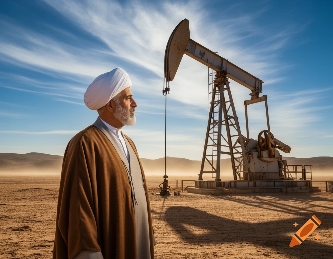 A man in a white turban and brown robes stands in a desert looking at an oil derrick under a blue sky.