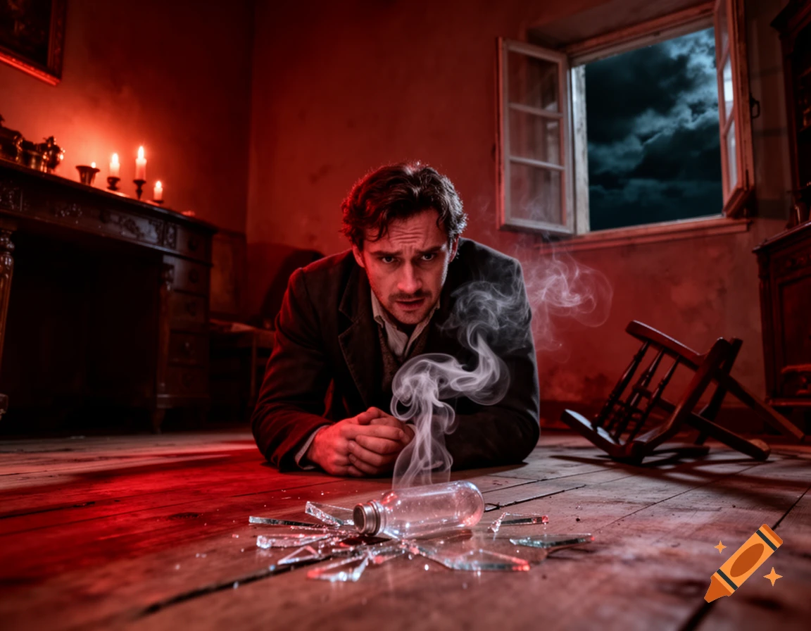 A man kneels on a red-lit wooden floor, looking distressed as smoke rises from a broken bottle, with a stormy night visible through an open window.