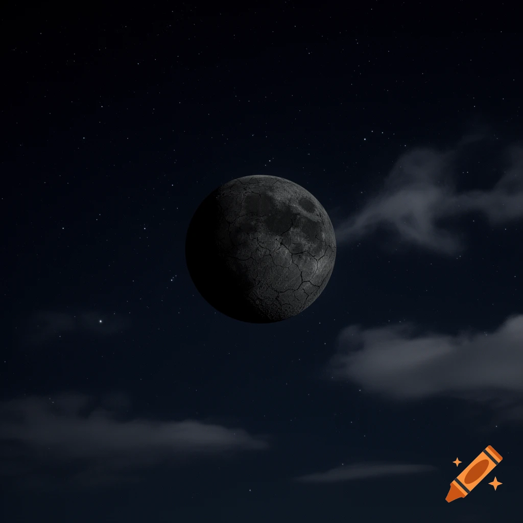 A dark, cracked moon suspended in a starry night sky with wispy clouds.