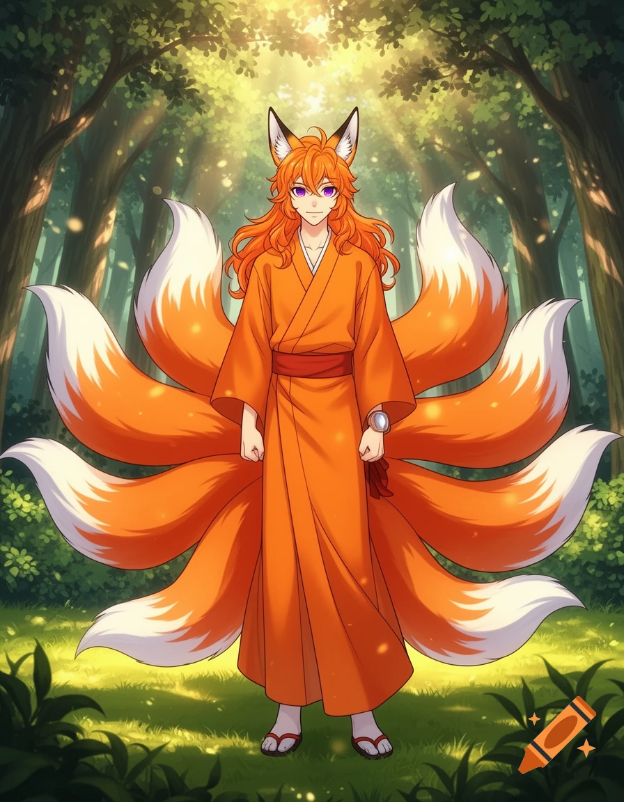 An anime male kitsune with orange hair, fox ears, nine orange tails, wearing an orange kimono, standing in a sunlit forest.