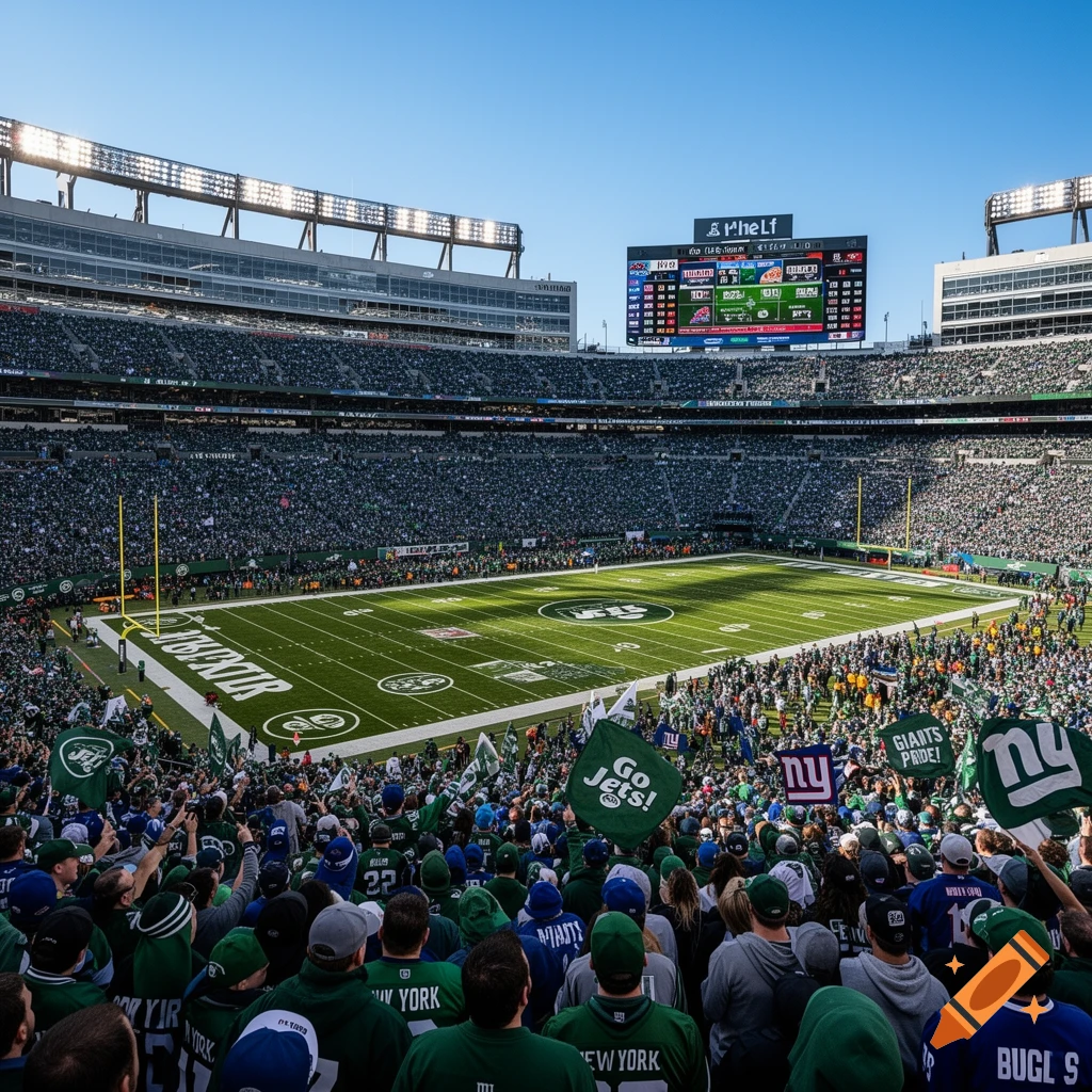 A packed football stadium filled with fans, some waving flags for the New York Jets and Giants, with the field and a large scoreboard visible under a clear blue sky.