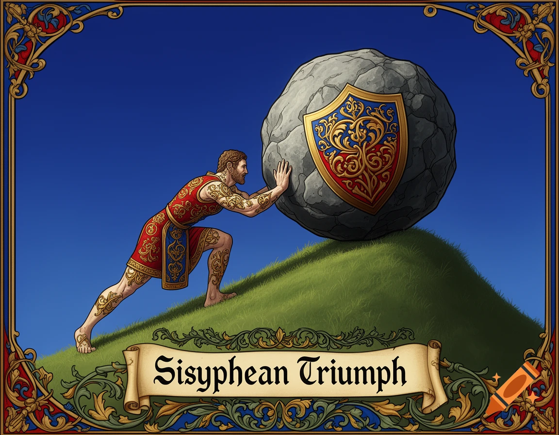 Stylized heraldry illustration of Sisyphus pushing a boulder up a green hill under a blue sky, within an ornate border.
