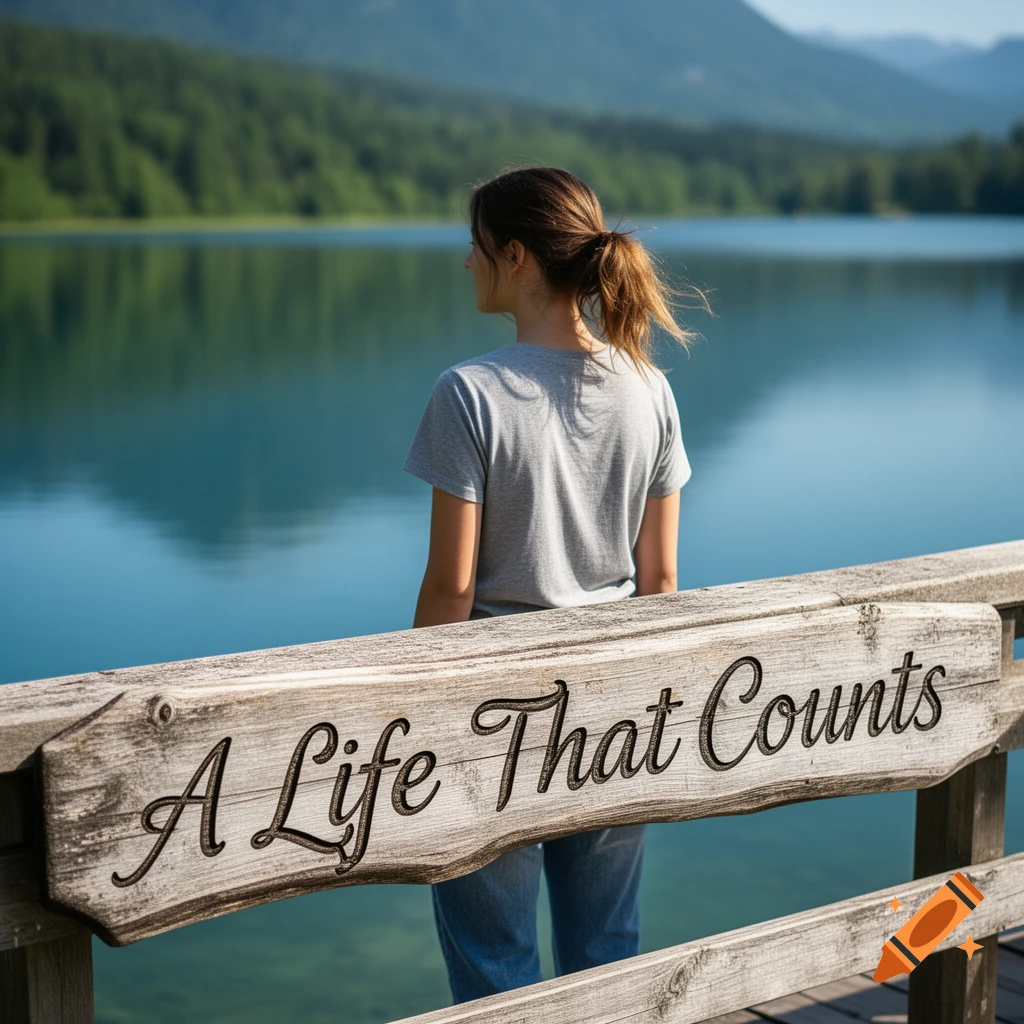 A woman stands on a wooden dock, her back to the viewer, looking out at a serene lake surrounded by mountains and forests. A wooden sign in the foreground reads 'A Life That Counts'.