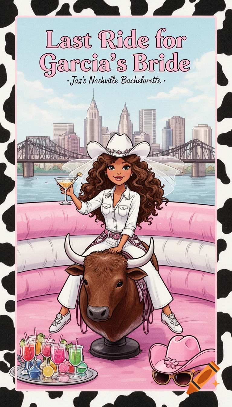 A cartoon drawing of a brunette woman in a white western outfit and cowboy hat with a veil, riding a mechanical bull. The Nashville skyline is in the background, framed by a cow print border, with text "Last Ride for Garcia's Bride" and "Jaz's Nashville Bachelorette". Drinks and a pink cowboy hat are in the foreground.