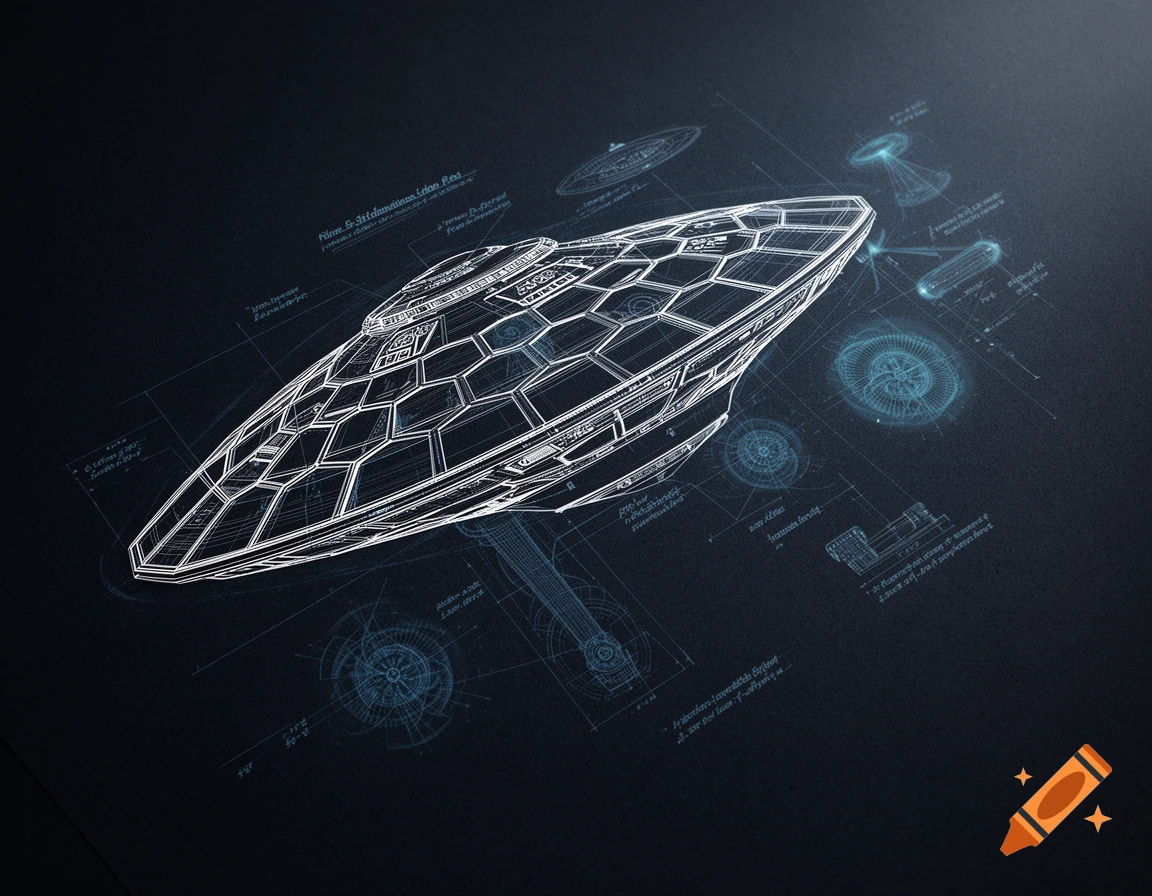 A technical blueprint of a hexagonal UFO on a dark background, with glowing blue annotations and illegible text.