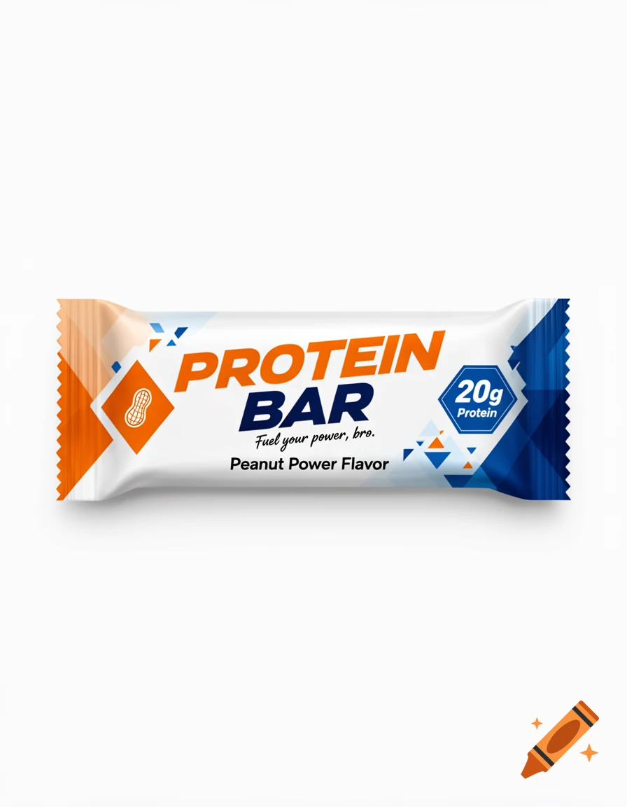 A sleek, modern protein bar wrapper with orange and blue accents, displaying 'PROTEIN BAR', '20g Protein', 'Fuel your power, bro.', and 'Peanut Power Flavor' on a white background.