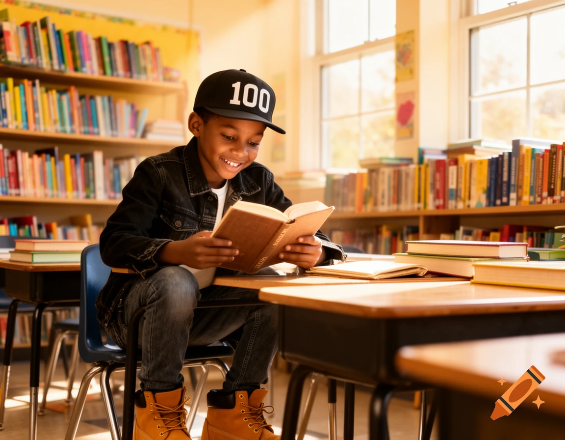 A smiling African American boy in a black jacket, jeans, boots, and a "100" cap reads a book in a sunlit classroom library.