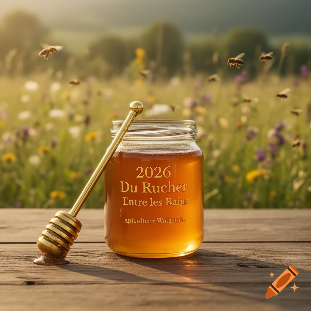 A jar of honey with a dipper sits on a wooden surface in a sunny field with flying bees. Text on the jar reads "2026 Du Rucher Entre les Bains Apiculteur Wolff Eric".