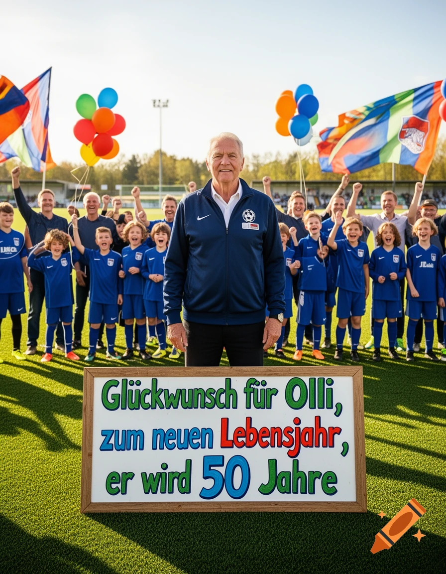 A man in a blue tracksuit stands on a soccer field with children and adults holding balloons and flags, celebrating his 50th birthday, with a sign in front.