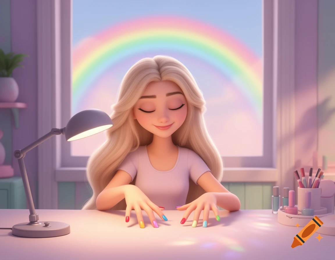 Smiling blonde cartoon woman with rainbow nails at a pastel table, a desk lamp and a rainbow visible outside the window, in Pixar style.