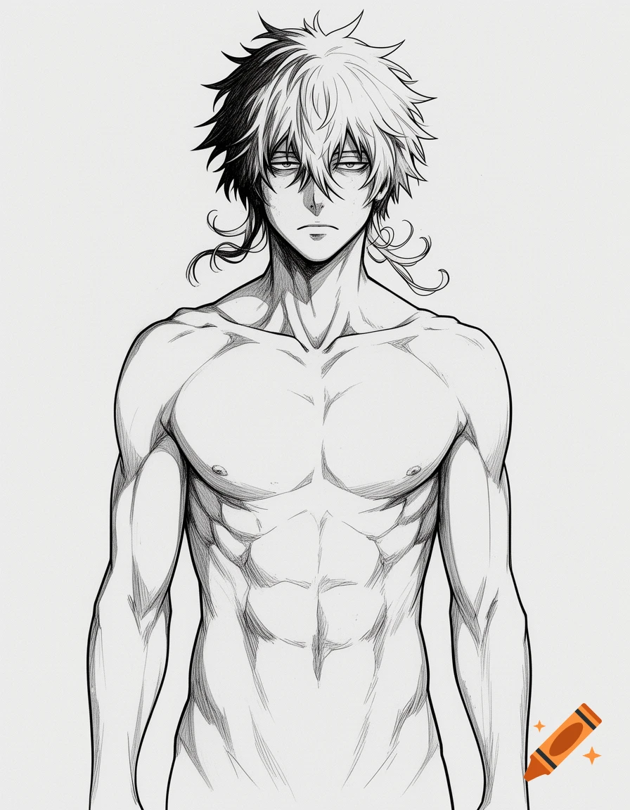 Line art sketch of a shirtless anime male character with spiky hair and defined muscles.