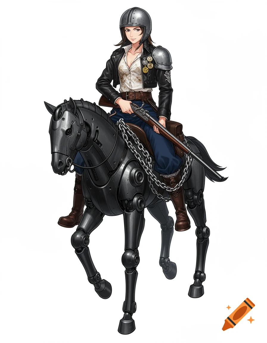 An anime woman in a greaser jacket, helmet, and pauldron, holding a musket, rides a dark steel mechanical horse against a white background.