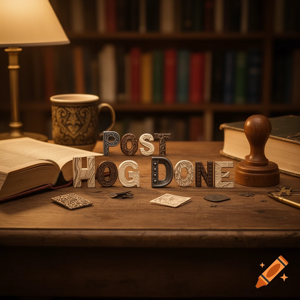 Decorative letter blocks spelling 'POST HOG DONE' on a wooden desk with an open book, lamp, and mug in a library.