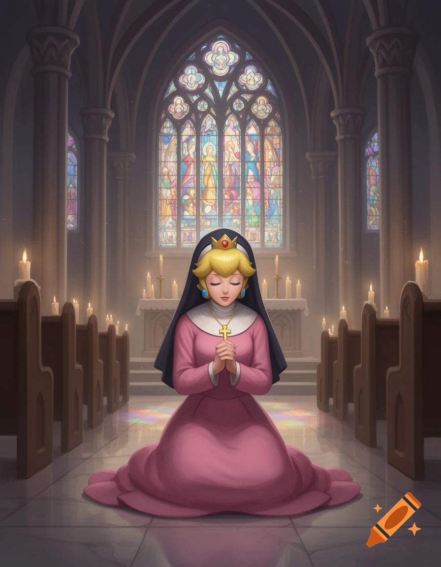 Princess Peach, dressed as a nun, kneels in a church, praying before vibrant stained glass windows and lit candles.