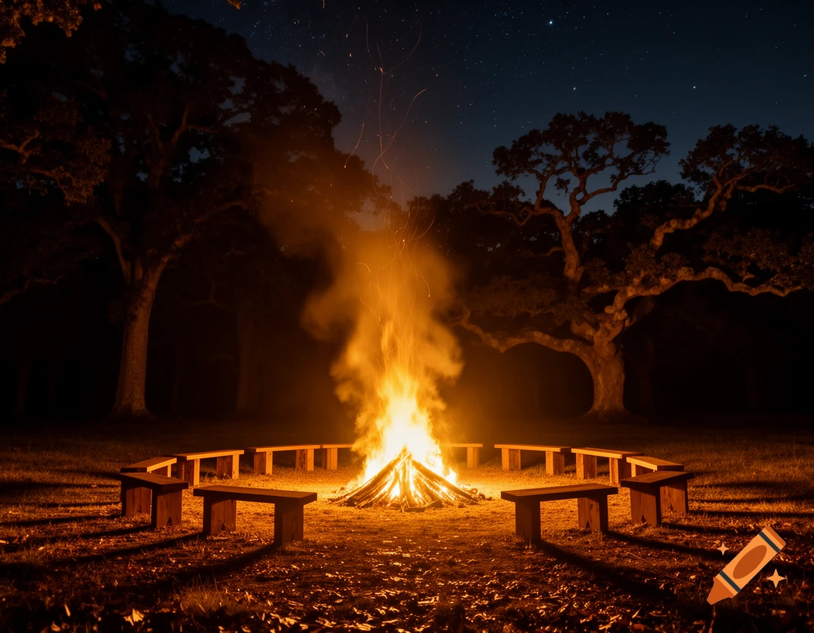 A large bonfire burns brightly in a grassy clearing at night, surrounded by wooden benches under a starry sky.