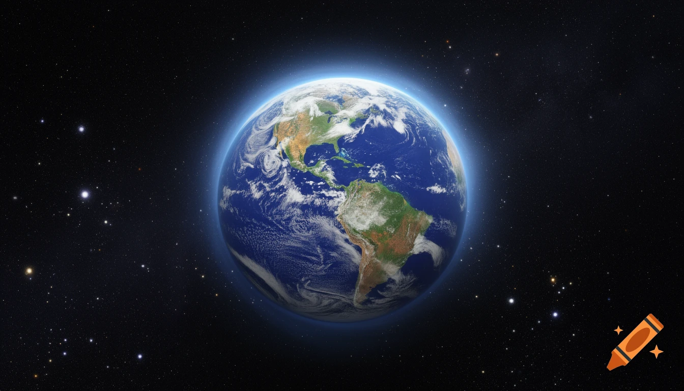 Photorealistic Earth with visible continents and clouds, glowing against a backdrop of countless stars in dark space.