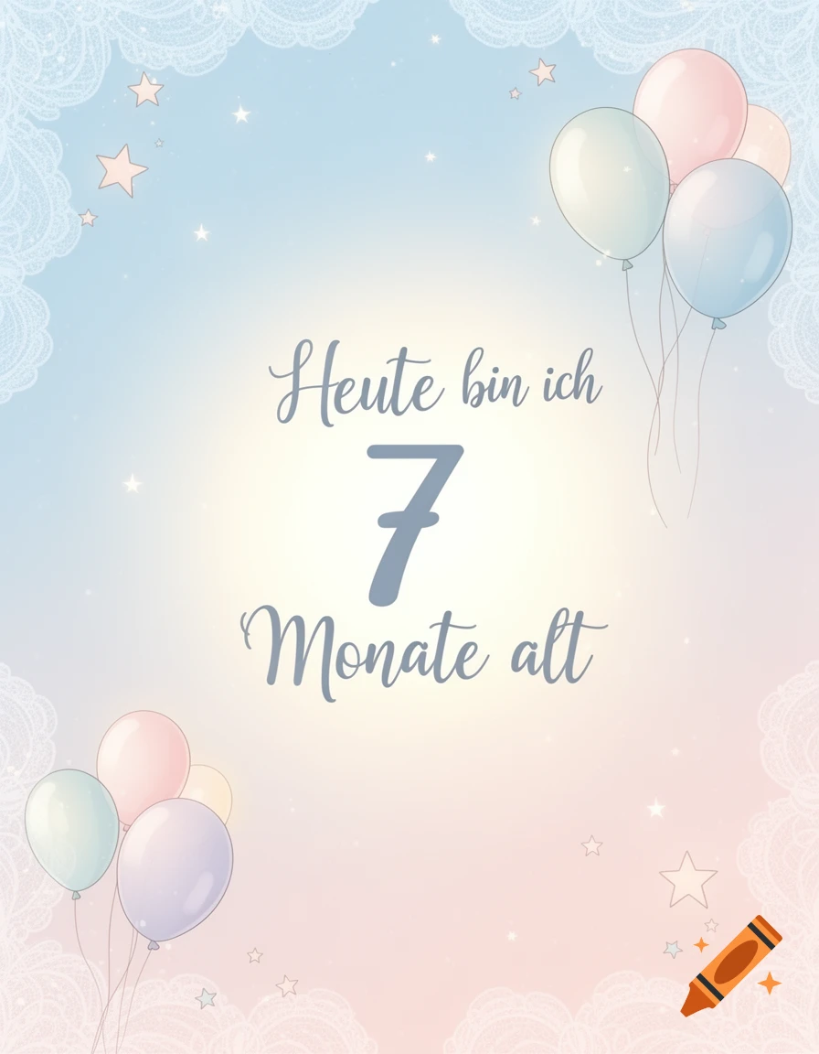 Pastel-colored baby milestone card with balloons, stars, and lace, reading 'Heute bin ich 7 Monate alt' (Today I am 7 months old).