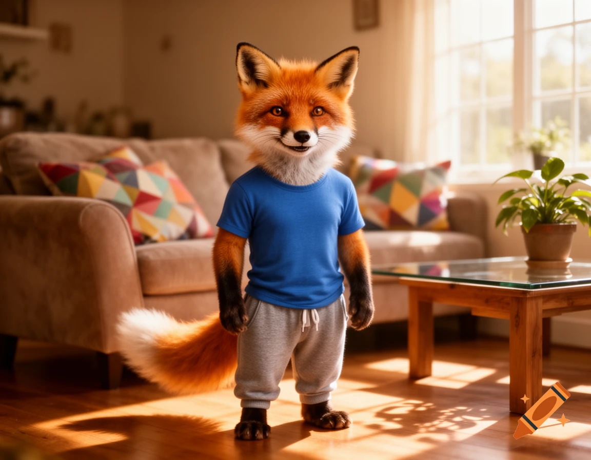 A photorealistic anthropomorphic fox stands in a sunlit living room, wearing a blue t-shirt and gray sweatpants.