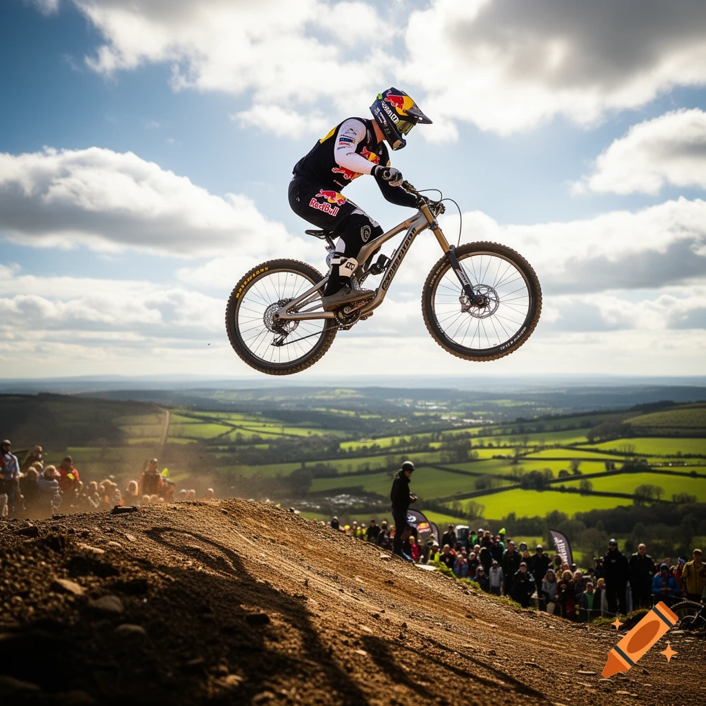 A mountain biker in Red Bull gear jumps high over a dirt ramp with spectators, against a backdrop of rolling green hills and a cloudy sky.
