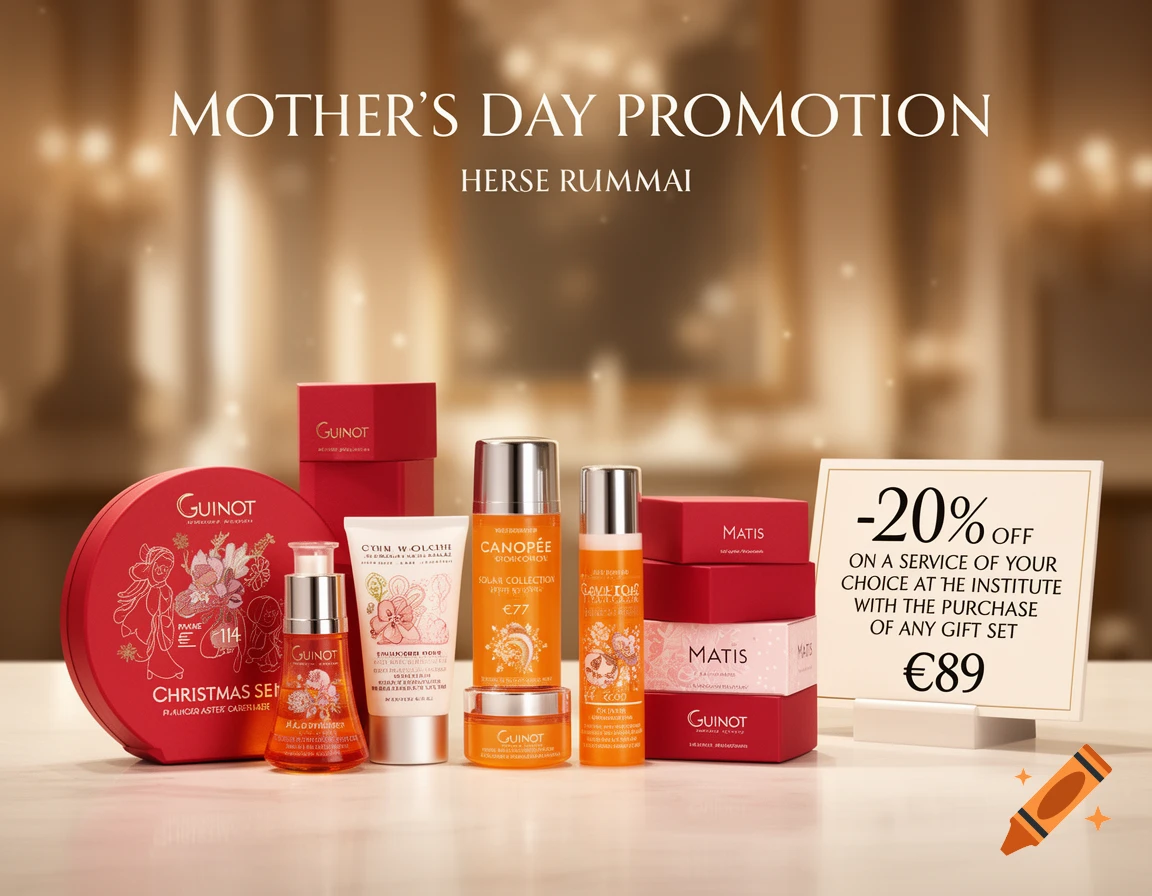 A Mother's Day promotion for beauty products, featuring Guinot, Matis, and Canopée items, with a sign offering 20% off services.