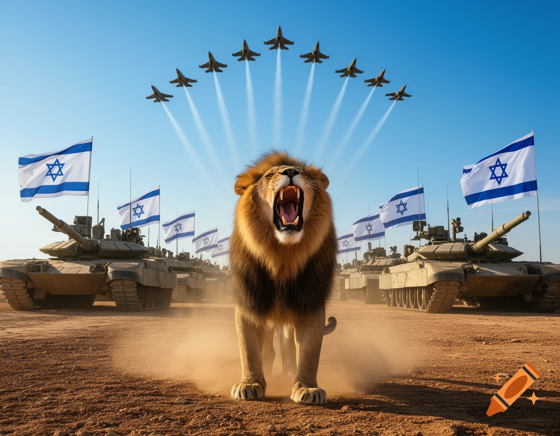 Photorealistic image of a roaring lion standing amidst tanks and Israeli flags, with fighter jets flying overhead in a clear blue sky.