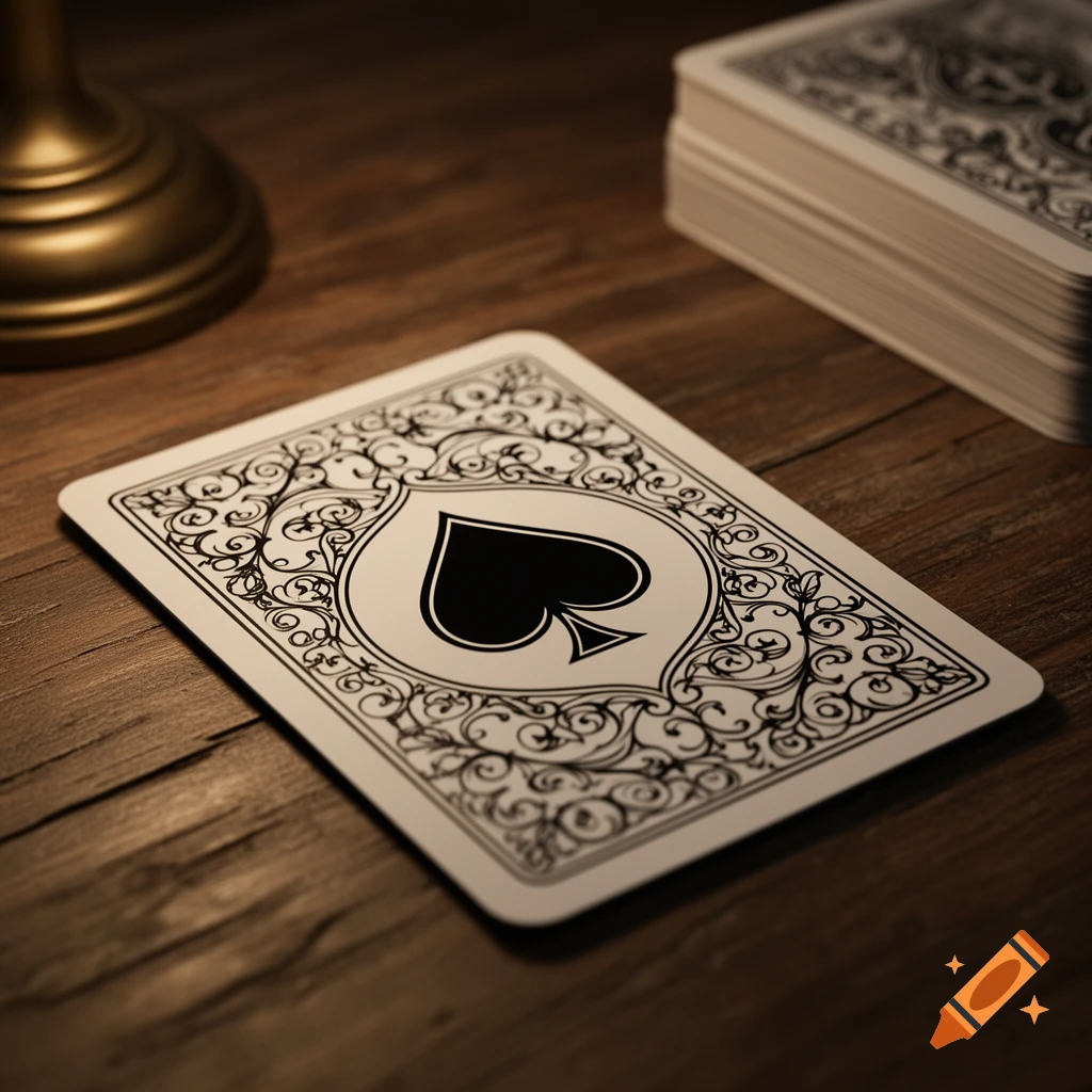 An Ace of Spades playing card with ornamental designs lies on a wooden table, with a blurred stack of cards in the background.