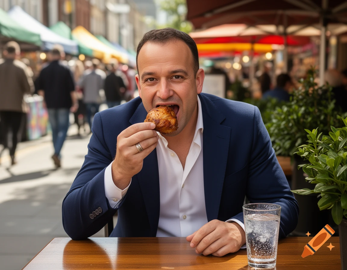 A man in a blue suit eats a piece of chicken at an outdoor cafe table with a glass of water, a street market blurred in the background.