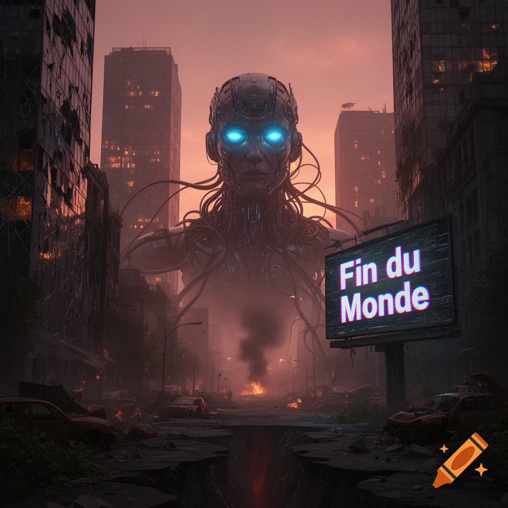 A giant robot with glowing blue eyes looms over a destroyed city at dusk, a billboard reads 'Fin du Monde'.