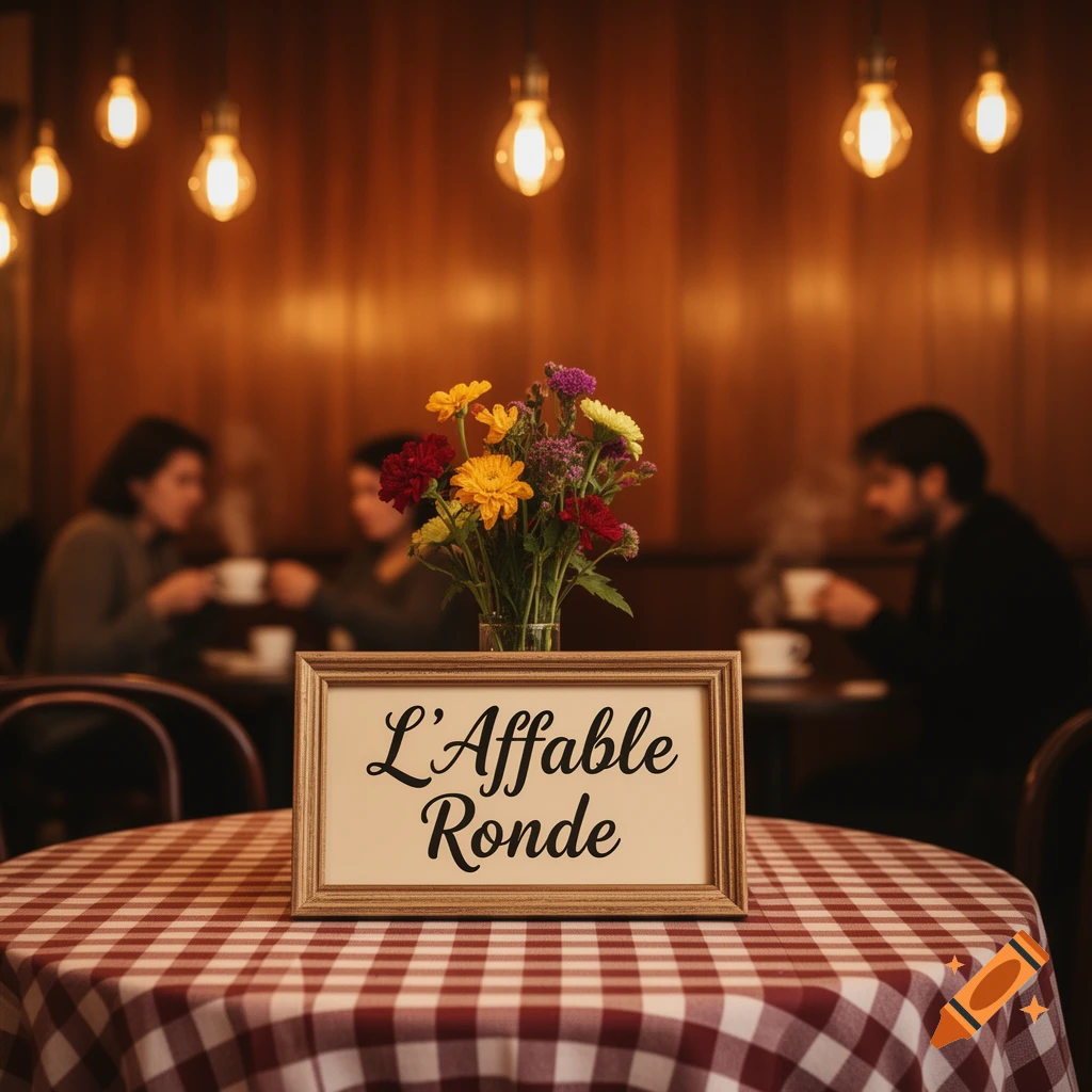 A cafe table with a red checkered tablecloth, flowers, and a 'L'Affable Ronde' sign, with blurred patrons in a warmly lit interior.