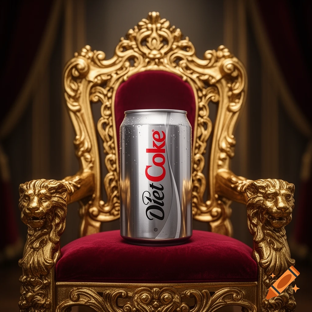 A photorealistic Diet Coke can, covered in condensation, sitting regally on a golden, ornate throne upholstered in red velvet.