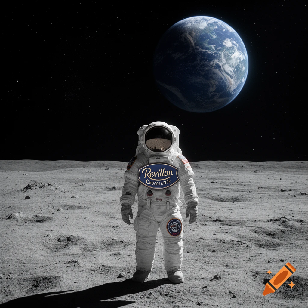 An astronaut in a white suit stands on the moon's rocky surface with Earth in the background. The suit features a 'Revillon Chocolatier' logo.
