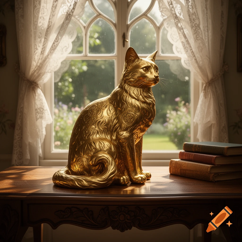An ornate golden cat statue sits on a polished wooden table with stacked books, in front of a large arched window with sheer curtains overlooking a garden.