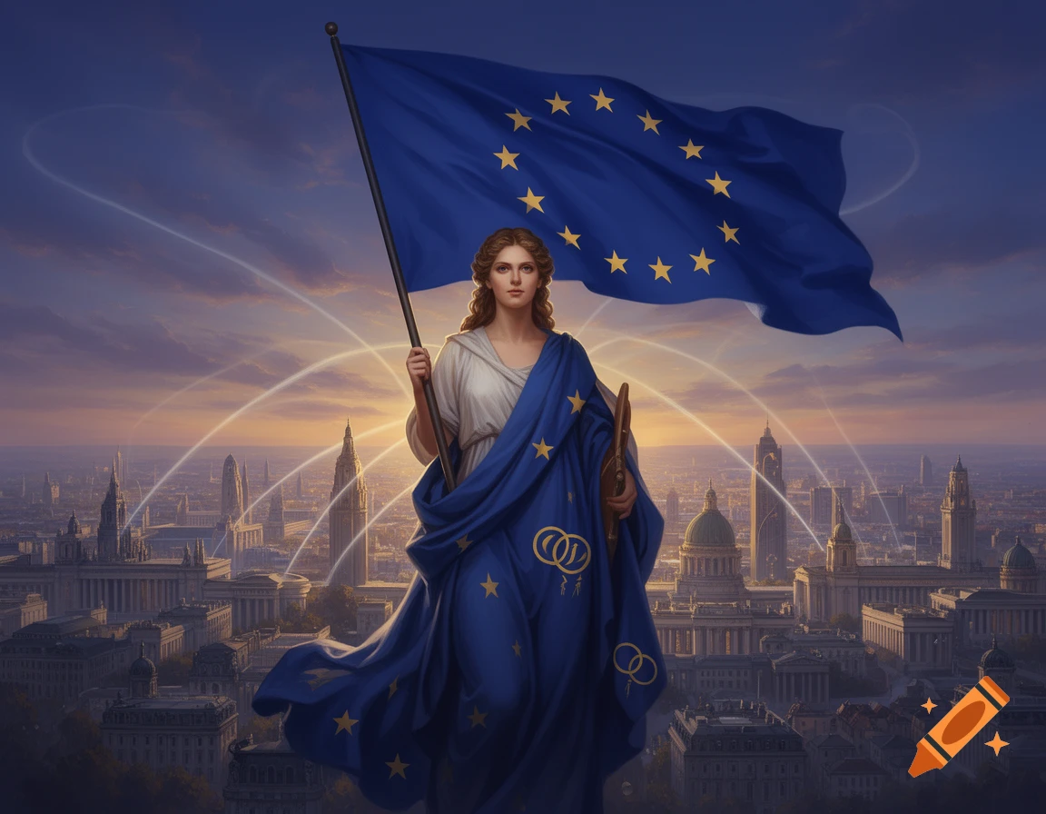 A classical painting depicts a woman in a white gown and blue drapery with golden stars, holding an EU flag. She stands before a grand cityscape at sunset.